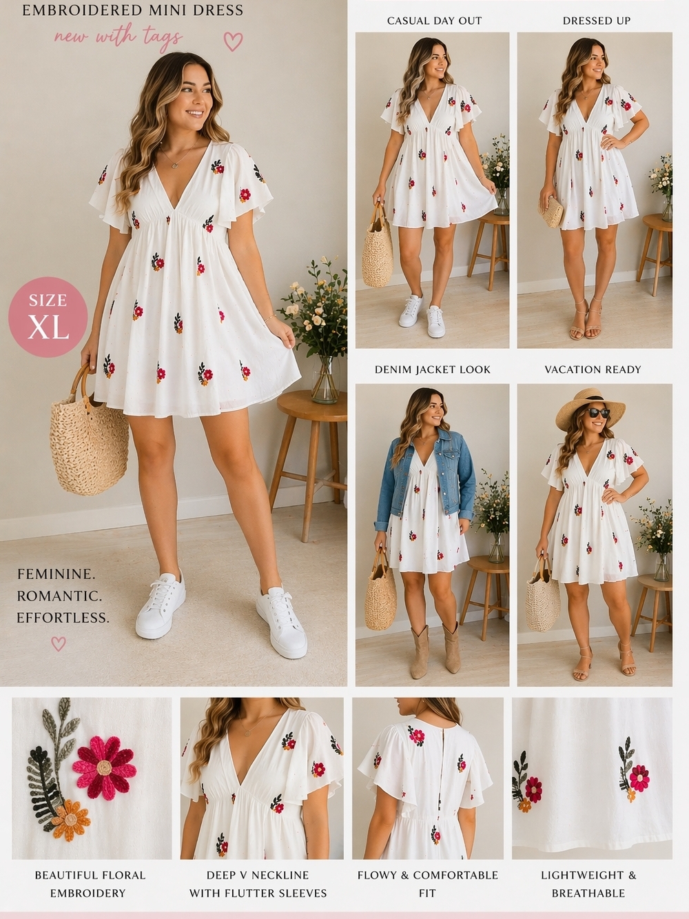 White Embroidered Floral Mini Dress XL | Cottagecore V-Neck Summer Dress | Lulus